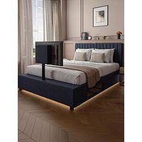 Xr Living Maisie Upholstered Side Lift Ottoman Double Tv Bed With Underbed Lighting - Fits Up To 55 Inch Tv - Navy